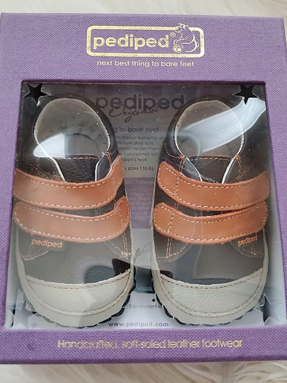 Pediped Brown Infant Leather Soft Sole Velcro Handcrafted Shoes SZ 0-6M